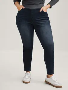 【Summer Turn-Up】【Comfy Waist】BlOOMCHIC Plus Size 2026 Stretchy Whiskered Waist Skinny Knit Jeans Darkindigo Full Length Medium Stretch Pull-On Leisure Everyday with Slanted Pockets Fit Pants Bottom Womenswear 2026 Summer Pick for Mother's Day