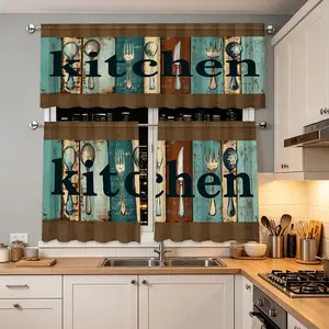 3pcs Vintage Wood Grain Kitchen Curtains, Rustic Country Style Drapes, Ideal for Cafes Restaurants Window Decorations Supplies Home Decor Valance Set, Perfect for Home Enthusiasts