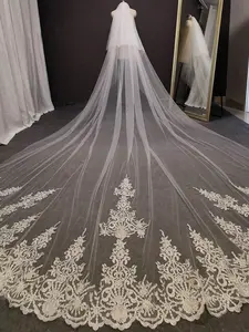 1pcs Cathedral Length Lace Edge Wedding Veil 3M Long Soft Tulle Bridal Veil with Elegant Embroidery Appliqué, Classic Ivory Bride Veil Trailing Veil for Ceremony & Photoshoot