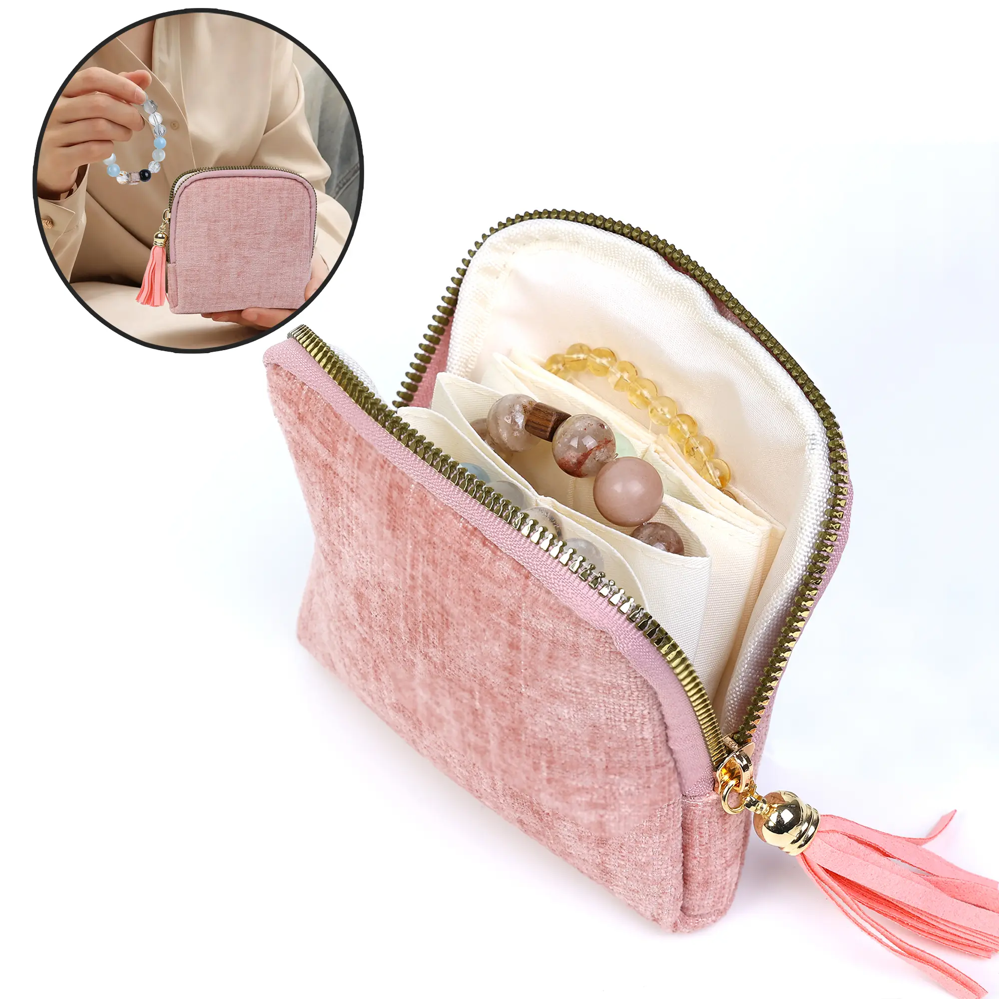 Vintage Travel Jewelry Pouch, Multi-Compartment Storage Case for Rings, Earrings and Necklaces, Elegant Durable Fabric Organizer for Women and Men, Secured with Zipper Closure, Great Gift for Holidays and Special Occasions