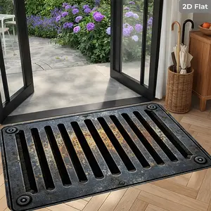 Funny 2D Illusion Drain Cover Print Doormat Washable Entrance Rug for Front Door Porch, Creative Rustic Metal Grate Floor Mat Home Decor