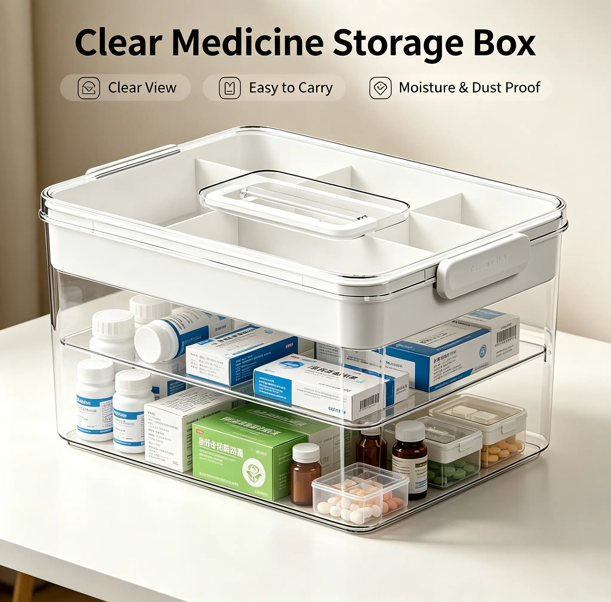 PP Plastic High-Volume Medicine Storage Box with Handle - 1/2-Count Transparent Dustproof Organizer Boxes, Plastic Storage Holder for Home Use Household Kitchen Specialty Organization