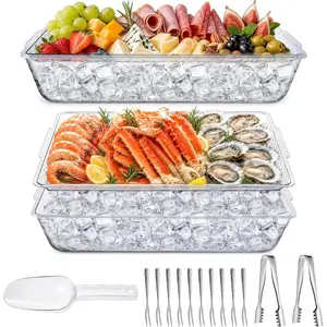 2 Pack Chilled Serving Tray with Ice Chamber, Clear PET Appetizer Platter Set with Stainless Steel Tongs, Fruit Forks & Ice Scoop, Cold  Tray for Seafood, Fruit, BBQ & Pool Parties