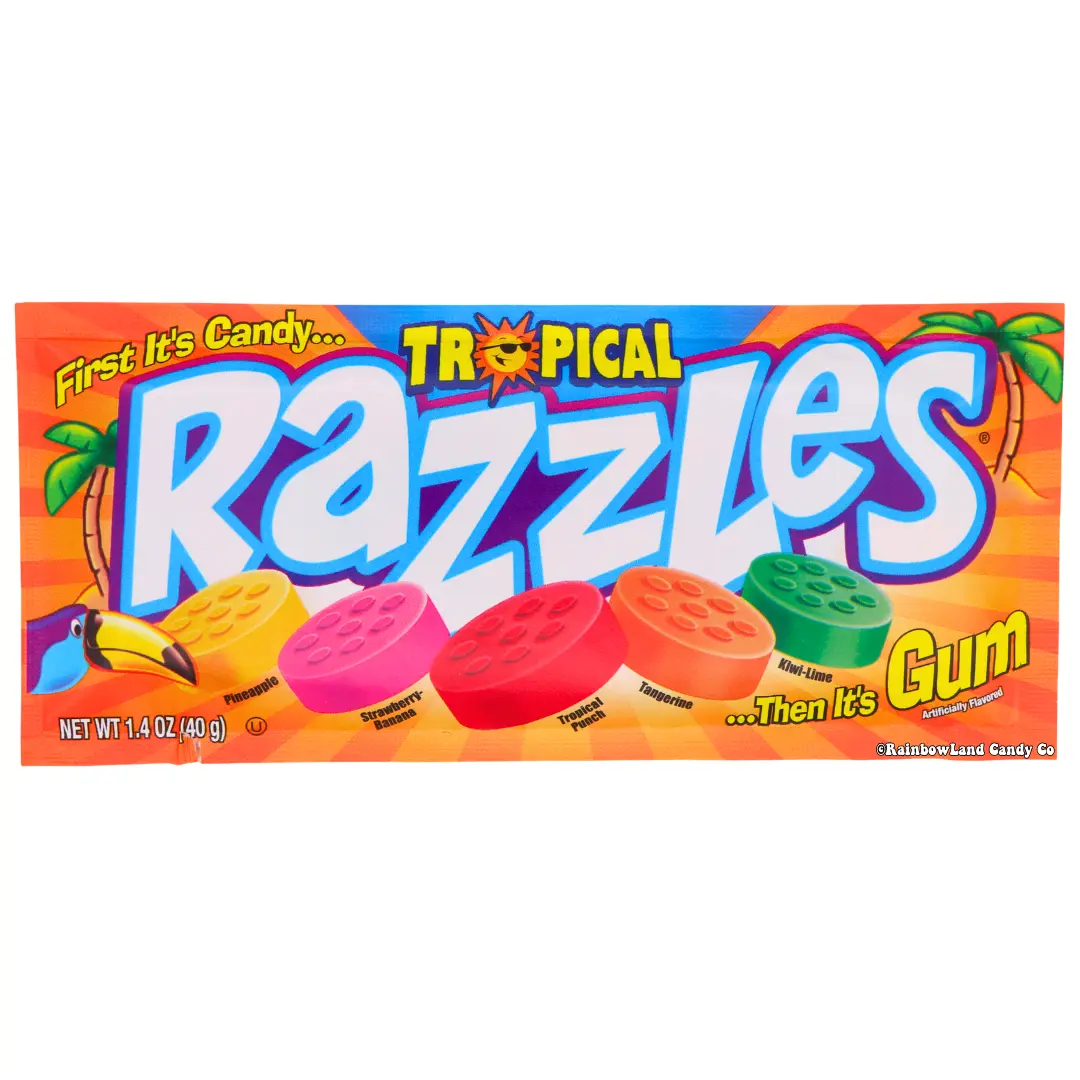 Tropical Razzles Candy | First It's Candy Then It's Gum | 5 Tropical Flavors 1.4 oz