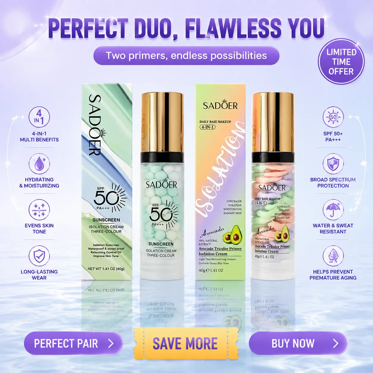 3-in-1 Color Correcting Alcohol-Free Facial Serum Cream - SPF 50 PA++ UV Protection Makeup Base Primer, Moisturizing, Brightening, Oil-Control, Refreshing, Even Skin Tone, Purple/Pink/Green Tones, All Skin Types, Travel Essential (2 Pieces Option)