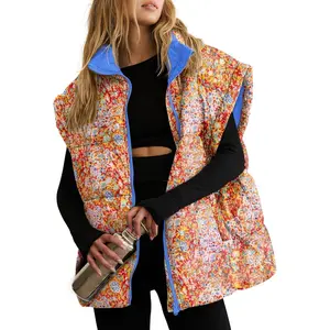 Imily Bela Womens Floral Oversized Puffer Vest Cap Sleeve Winter Warm Puffy lightweight Jackets Coat