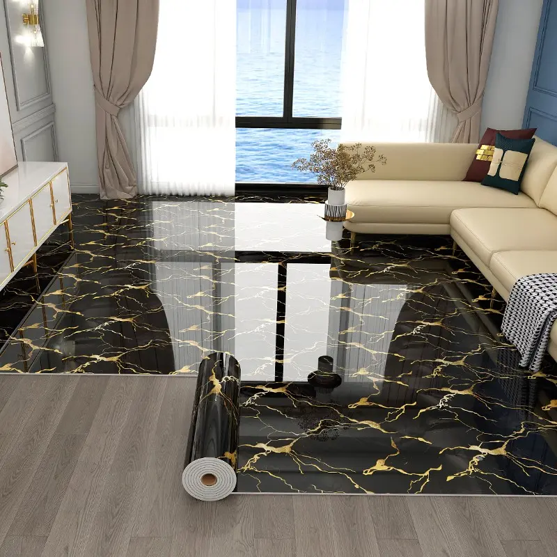 1 roll, 40cm*300cm Black Liquid Marble Vinyl Floor Sticker  Waterproof Decorative Wallpaper Black Gold Marble Wallpaper Peel and Stick Countertop Paper for Kitchen Bathroom Removable Marbles Wall Paper for Cabinets