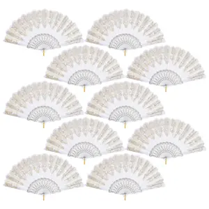 10 Pack Folding Handheld Fans, Silk Spanish Fan, Perfect for Weddings, Parties, and Dancing, White