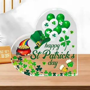 St. Patrick's Day Acrylic Heart Shamrock Plaque, 1 Count Unique Heart Shape Office & Home Decor, Perfect Table & Mantle Decorations, Ornaments