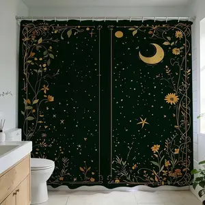 1 Pc mystical floral moon design Print shower curtain for bathroom decoration black and gold star patterns ideal for Traditional and modern bathroom renovation creating a luxurious atmosphere unique bathroom design suitable for home aesthetic upgrade
