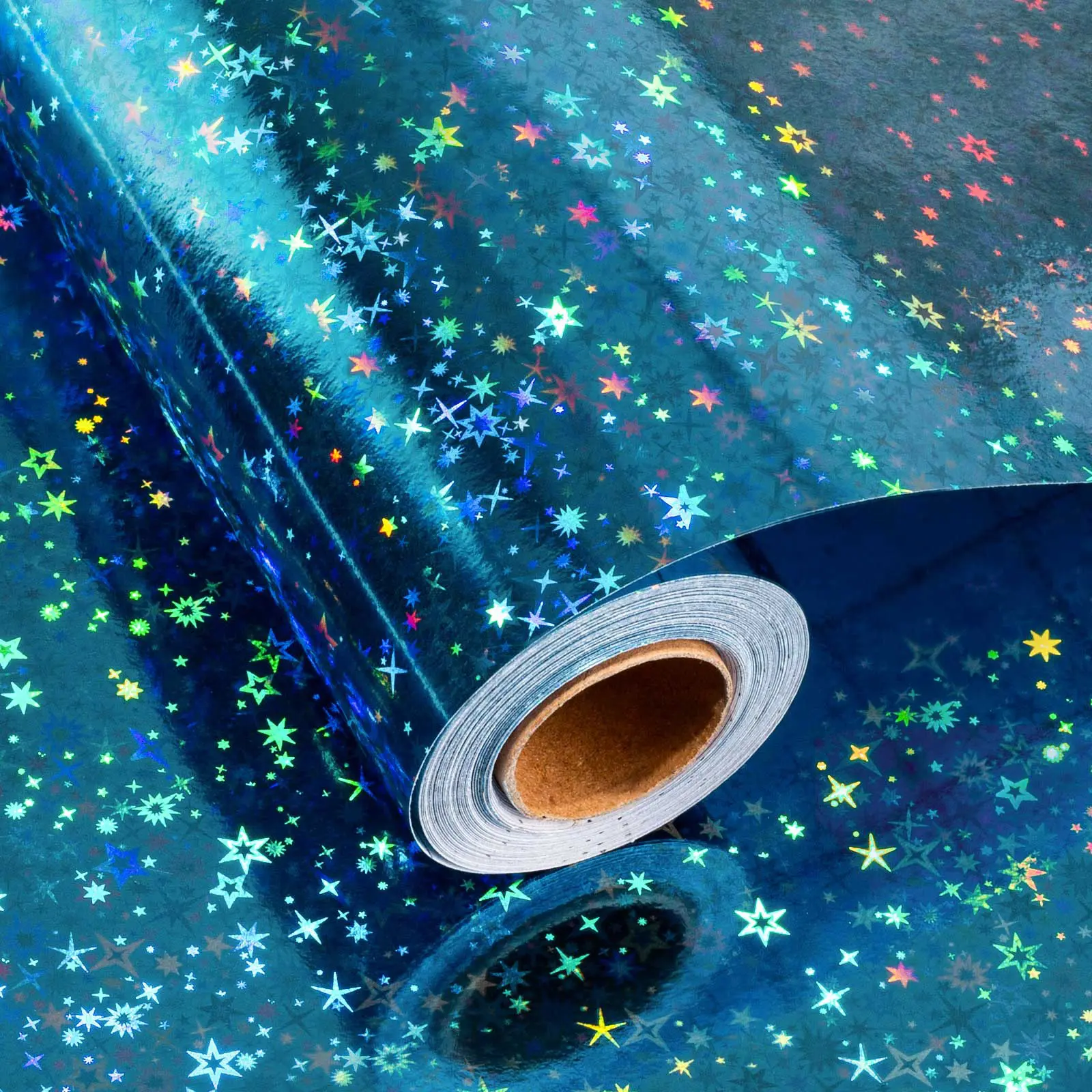 17 In X 32.8 Ft (46.5 sq.ft.) Metallic Wrapping Paper Roll, Blue Gift Wrap with Holographic Stars & Sparks for Wedding, Birthday, Christmas, Party, Mother's Day, Bridal Shower