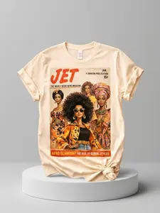 Women's Casual Short-Sleeve Cotton Fabric Fit Afrocentric Vintage Magazine Graphic T-Shirt - Glamour Fall Art Tee Gift
