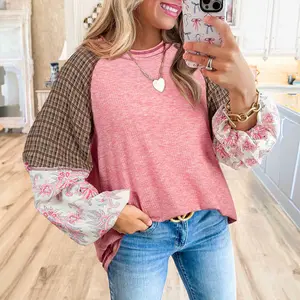 Fushia Mixed Print Raglan Sleeve Ribbed Knit Patchwork Blouse
