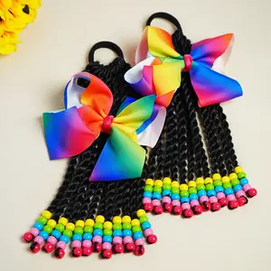 2pcs kids ponytail extension, band hair extensions with bows, pre-twist braids with beads, hairpiece wig hair accessories for daily party birtthday, perfect gifts for girls children teen