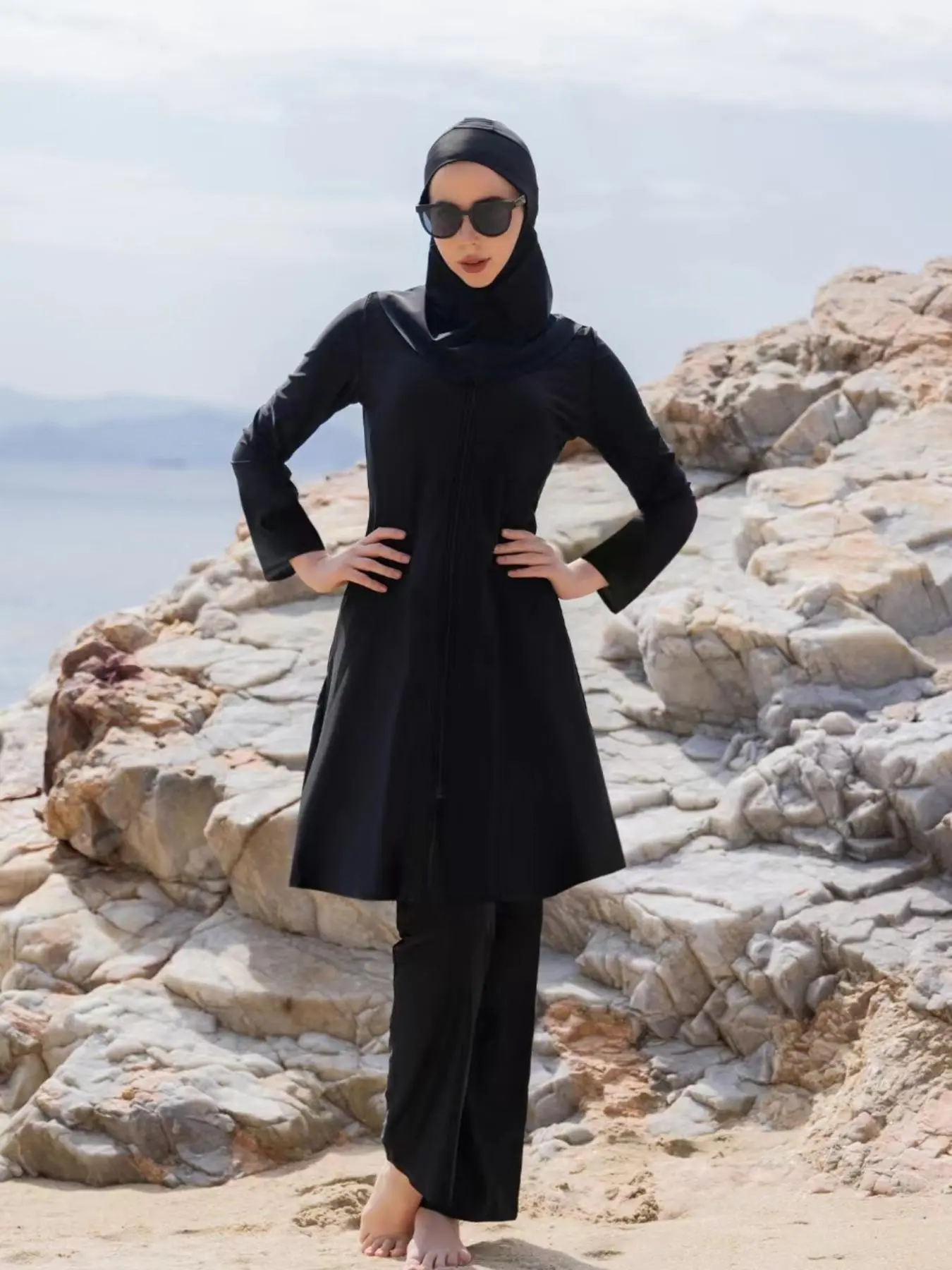 Women's Solid Color Modest Muslim Swimwear Set, Long Sleeve Top & Pants & Hat, Ladies Islamic Swimming Suit for Beach Holiday Vacation, Modest Beach Swimsuits, Modest Bathing Suit, Swimsuit Sets