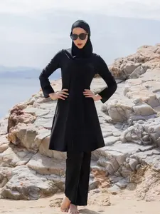 Women's Solid Color Modest Muslim Swimwear Set, Long Sleeve Top & Pants & Hat, Ladies Islamic Swimming Suit for Beach Holiday Vacation, Modest Bathing Suit