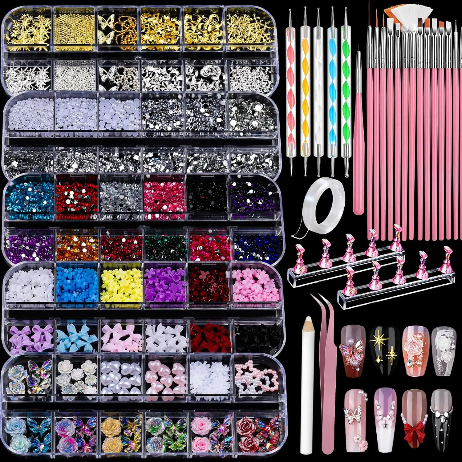 Professional Manicure Nail Art Kit with 5 Boxes of 3D Charms, Gems Rhinestones, 15 Art Brushes, 5 Dotting Tools, 2 Stands, Cuticle Care Accessories for Nail Decoration, Cutics