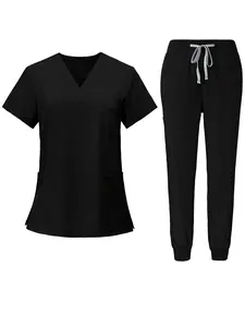 2pcs Set Scrub Suit Set for Women Modern V-neck Top T-shirt & Tapered Leg Jogger Pants with Drawstring Nursing Uniforms Set Suitable for Pet Hospitals, Dental Clinics, Nursing Work, Etc.