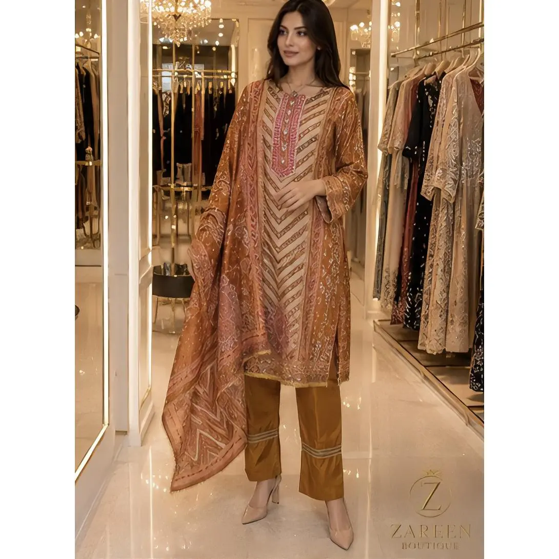 Zareen Boutique Elegant Orange Punjabi Suit - Three-Piece Satin Fabric with Delicate Detailing and Beautiful Stitching, Size L