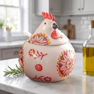 Ceramic Salt Keeper Set with Lid & Spoon, 400ml (13 oz) Large Farmhouse Kitchen Canister, Vibrant Green Floral Design, Durable Seasoning Utensil, Easy to Clean & Maintain
