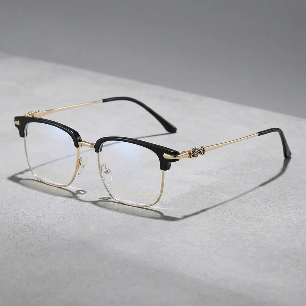 Retro Browline Blue Light Blocking Glasses for Office Study, Unisex Lightweight Semi Rimless Metal Alloy Frames, Ergonomic Luxury 2-Tone Eyewear, Golden-Uv400, Indoor
