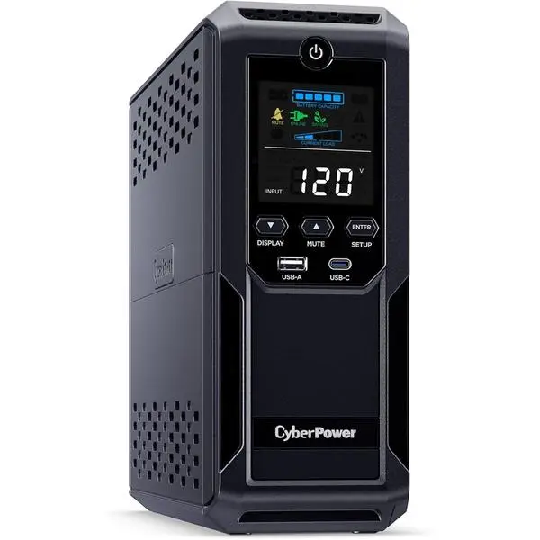 CyberPower CP1500AVRLCD3 Intelligent LCD UPS System, 1500VA/900W, 12 Outlets, 2 USB Ports, AVR, Mini Tower, Black