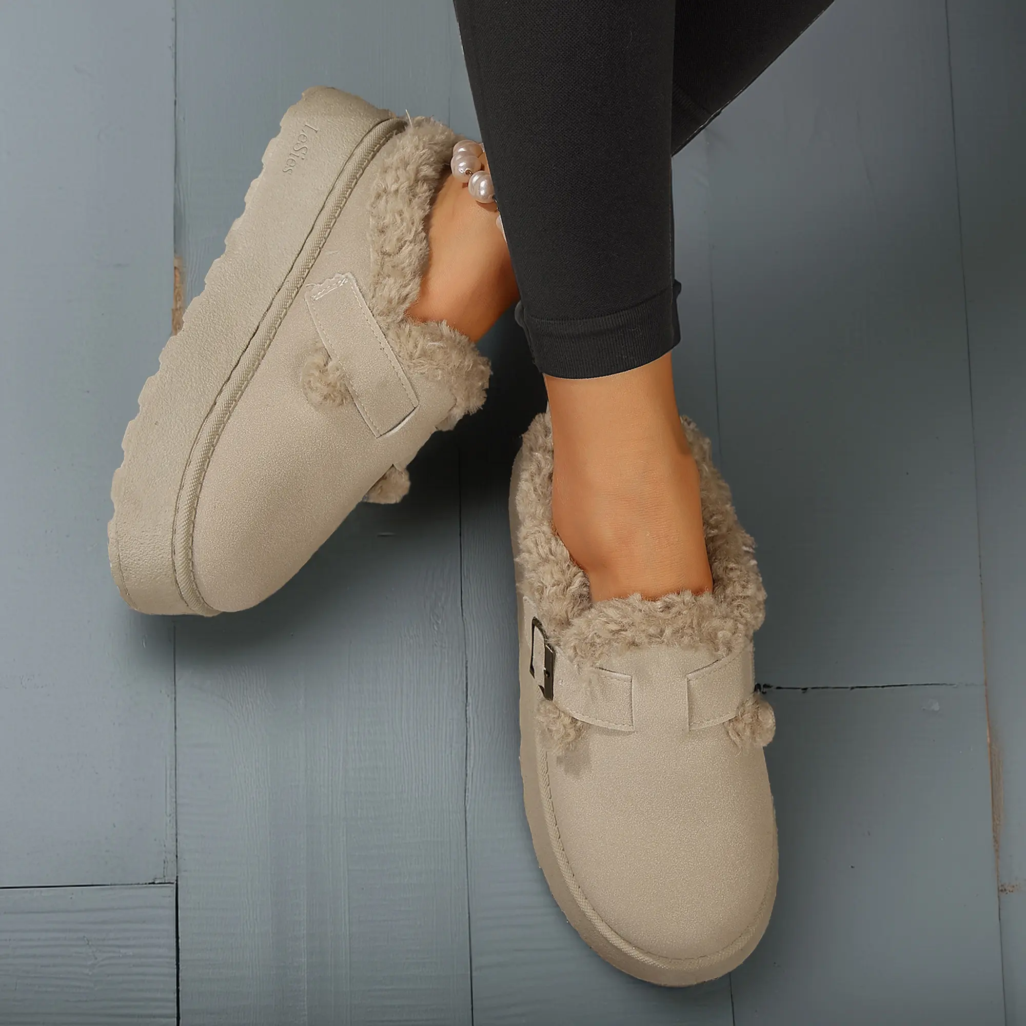 Women's Slippers Platform Mini Boots Short Ankle Boot With Buckle Fleece Lined Winter Warm Indoor Outdoor Thick Sole Plush Slipper Boots Springfresh Fluffy Modern Sleeper Casual Clogs