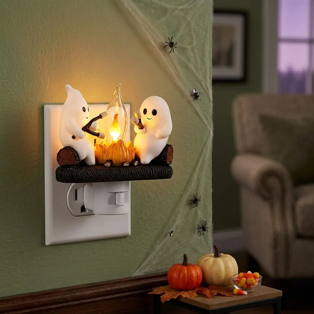 Halloween Ghost Campfire Plug-In Night Light, Flickering Flame Effect with 3D Marshmallow Ghost, Cute Spooky AC Night Lamp for Bedroom & Home Decor