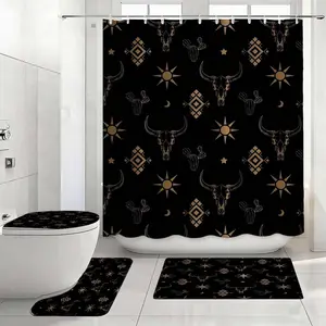 Gold Western Skull Print Shower Curtain Set, Modern Bathroom Decor, No-Drill Partition Curtain, Easy Installation, Includes 12 Hooks, Perfect Gift