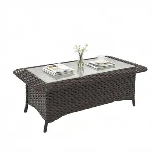 Outdoor Coffee Table with Tempered Glass Top, Wicker Patio Coffee Table Compatible with Patio Furniture Sets for Porch, Deck, Backyard, Brown