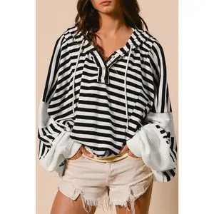 Black white Oversized Striped Henley Buttons Dolman Sleeve Hooded Top