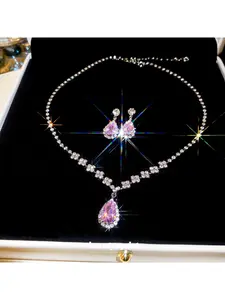 Courtly Style Rhinestone Drop Diamond Earrings Necklace Set, Teardrop Jewelry Set, Elegant Plain Design, All Seasons Jewelry, Bridal Jewelry Set For Wedding, Choking Hazard Warning