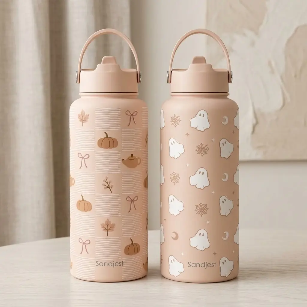 SANDJEST Fall 32oz Insulated Leak-proof Sports Water Bottle with Flip Straw and Handle, Protective Silicone Base, Keeps Drinks Cold for 24 Hours, Ideal for Travel, School, Halloween, Christmas Gift