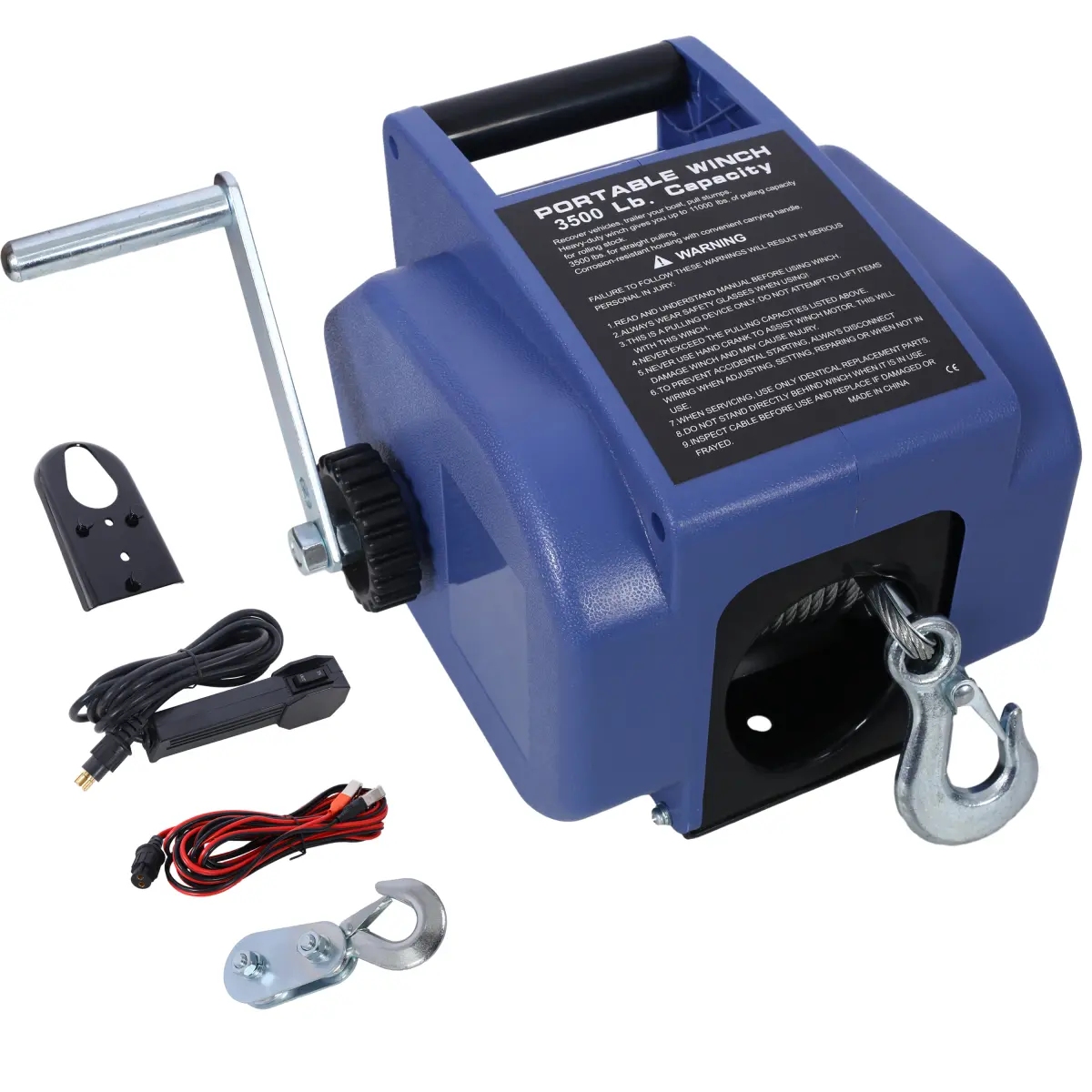 12V Heavy-Duty Dual-Mode Electric-Manual Marine Winch with Reinforced Steel Motor, 350W High Torque, 3500lbs/6500lbs/9500lbs Pull Capacities, Compact Design, Manual Crank, Mount Plate, 10.5m Steel Wire Rope, 3.0m Power Cable for Boat Trailers, Trucks, Hig