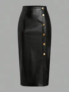 Women's autumn winter single-breasted slit PU leather skirt, Casual comfy skirt, slim-fit, high-waisted, figure-hugging, elastic waist, sexy A-line mid-length skirt