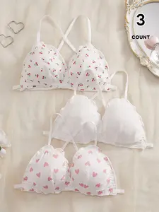 3 Pack Cherry & Heart Print Wireless Bralette, Cute No Wire Triangle Bra, Comfy Everyday Lingerie for Women, Soft and Breathable Fabric