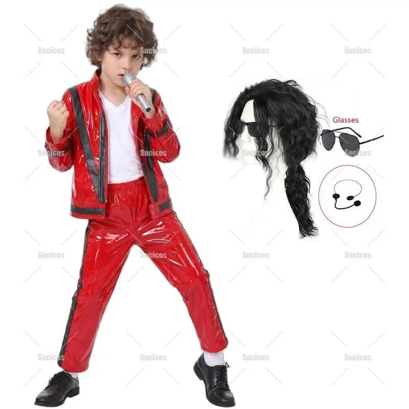 Michael Jackson Thriller Red Black Leather Jacket Pants Costume Set Boys Stage Performance Outfit Halloween Fancy Dress