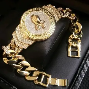 MaxBling81 Men's Cuban CZ Full Iced Prayer Motif Bracelet - Gold-Plated, 8.5 in, Cubic Zirconia Hip Hop Religious Charm, Daily Fashion Costume Jewelry Accessory