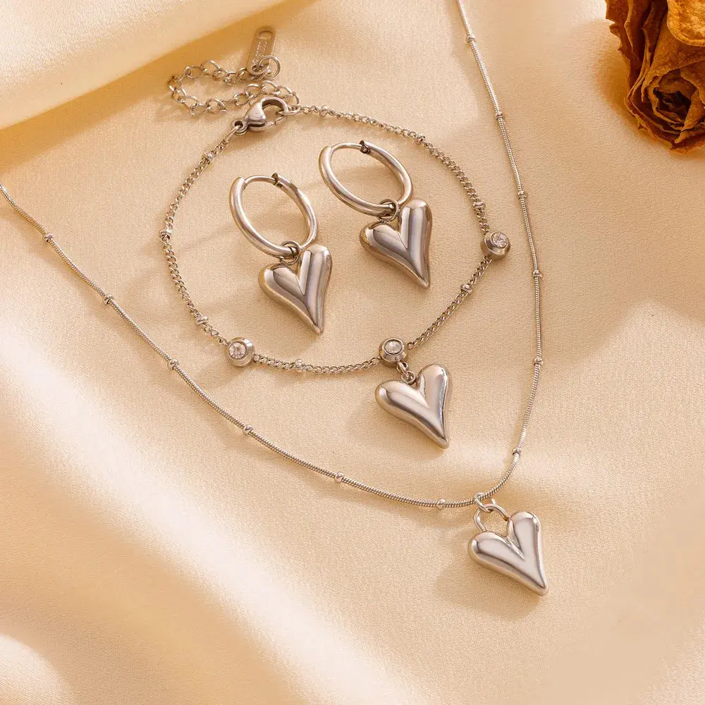 Silver Made With Love Costume Jewelry Set - Earrings Stack, Heart Necklace, Casual, Girly, Minimalist Fashion Accessories, Earrings Stack Set, Heart Necklace Set