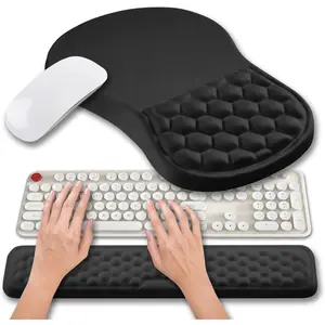 2 in 1 Ergonomic Mouse Pad Wrist Support & Wrist Rest for Computer Keyboard Set, with Relieve Carpal Tunnel Pain Massage Bulge and Full Memory Gel Design (2In1 Set, Black)