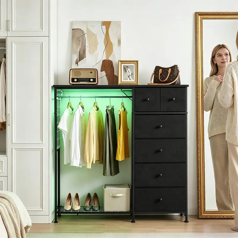 49.2" Fabric Locker Dresser with 6 Drawers, Flexible Adjustment, Integrated Charging Port, LED Ambient Lighting & Hanging Rack, Wooden Top & Grid Panel - Storage Organization Furniture for Bedroom, Living Room