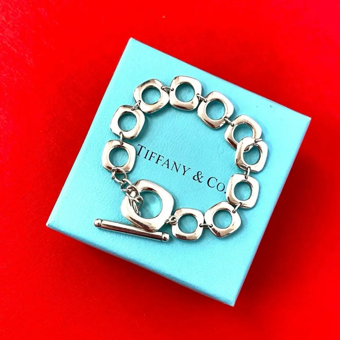 Pre-owned Tiffany & Co. Sterling Silver 925 (Ag925) Small Leather Goods Square Cushion Link Silver Bracelet