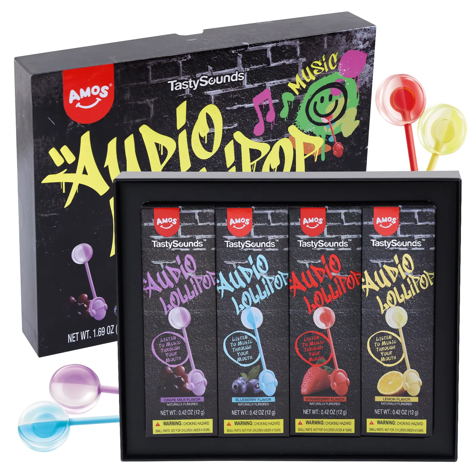 AMOS Audio Lollipop Candy Gift Box – Sugar-Free Music Lollipops with Bone Conduction Sound, 4 Hip-Hop Flavors, Fun Creative Candy for Kids & Adults