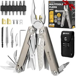 Titanium Alloy Multitool with Damascus Knife, EDC Multi tools with Replaceable Wire Cutters, Scissors, Screwdriver Bits, Titanium Handle Multi-Tool for Camping, Survival, Repair - BI2049TI