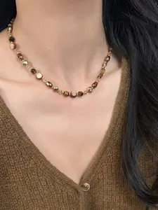 Elegant Tiger Eye Stone Pearl Beaded Necklace for Women, High-End Fall Winter New Sweater Chain, Stylish Jewelry Accessory