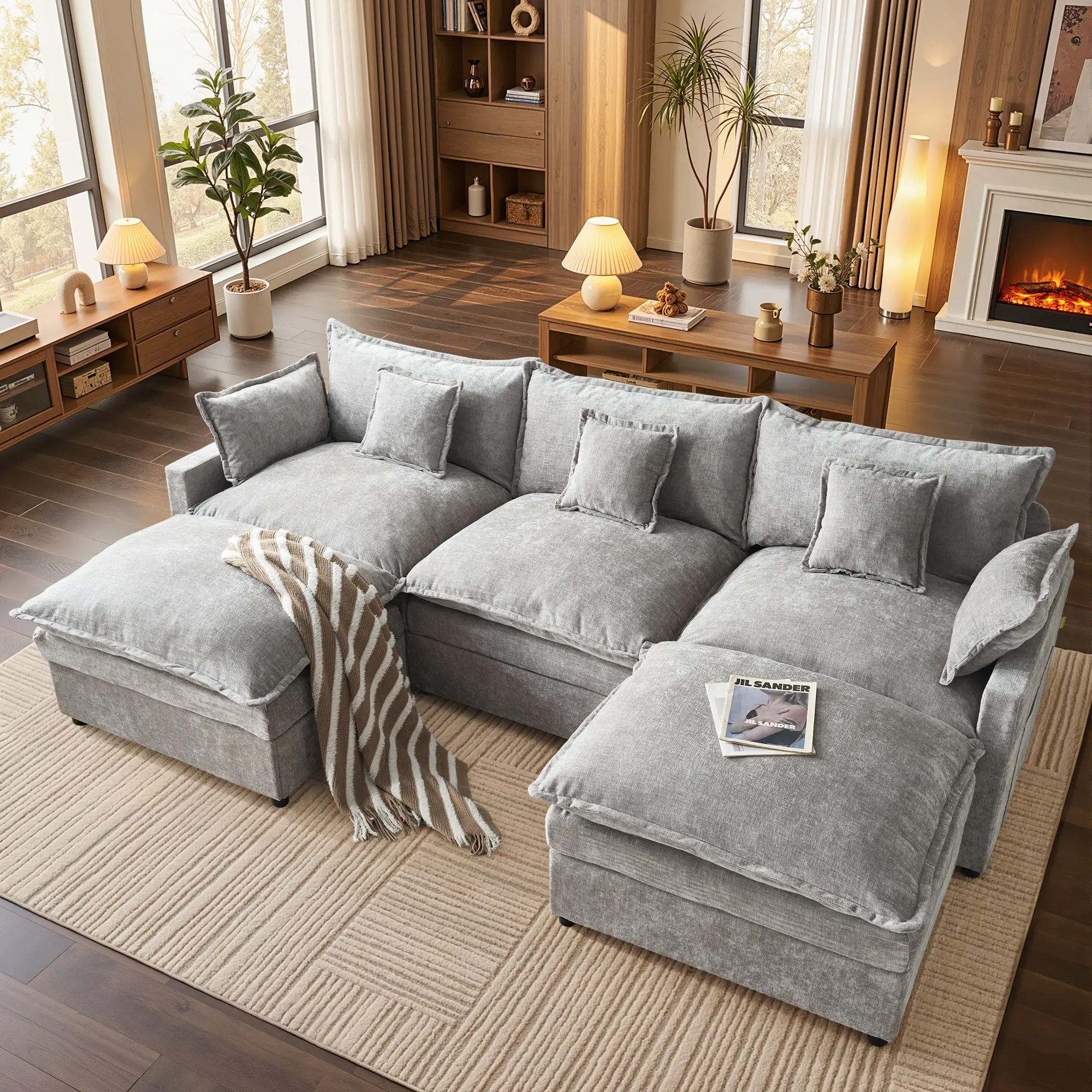 HOOOWOOO 108" U-Shaped Modular Sectional Sofa - Comfy Cloud 3-Seater with 2 Movable Ottoman, Cloud Sofa, Deep Seat Linen Couch for Living Room,【2 / 3 Packages Shipping】Beige Color, Comfort & Stylish Design, Chenille Camel