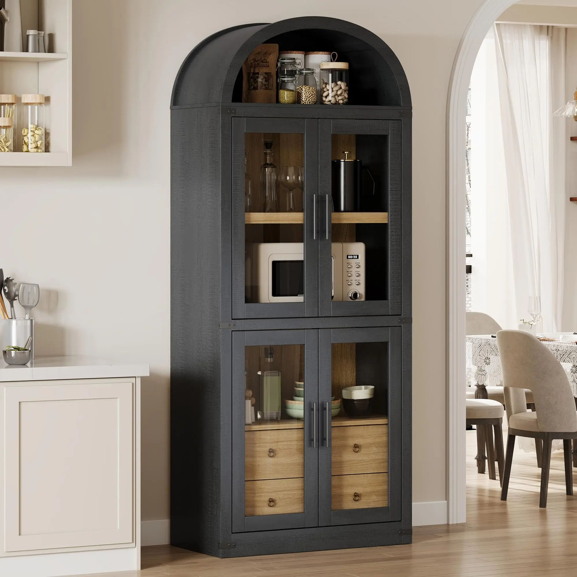 【GARVEE】Arched Pantry Cabinet with Doors, 71.4in Tall Wood Bookcase featuring 2 Drawers, Farmhouse Kitchen Cupboard, Modern Display Storage Cabinet suitable for Kitchen, Dining Room, Bathroom