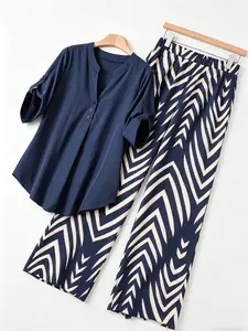 Plus Size Elegant Women's Two-Piece Set, Adjustable Sleeve Solid Tunic Top + Geometric Print High Waist Pants, Lightweight Outfit for Office, Vacation & Home