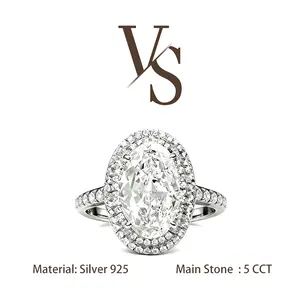 [Venus Jewelry] Lab Created Gemstone 5 CCT Oval Shape Double Halo Halo Design VVS 1 D Color Solid Silver 925 Solitare Ring