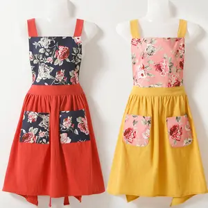 Fashion Korean Style Apron With Pockets,Fine Breathable Fabrics,Vintage Kitchen Apron For Cooking,Stain-resistant Flower-printed Apron